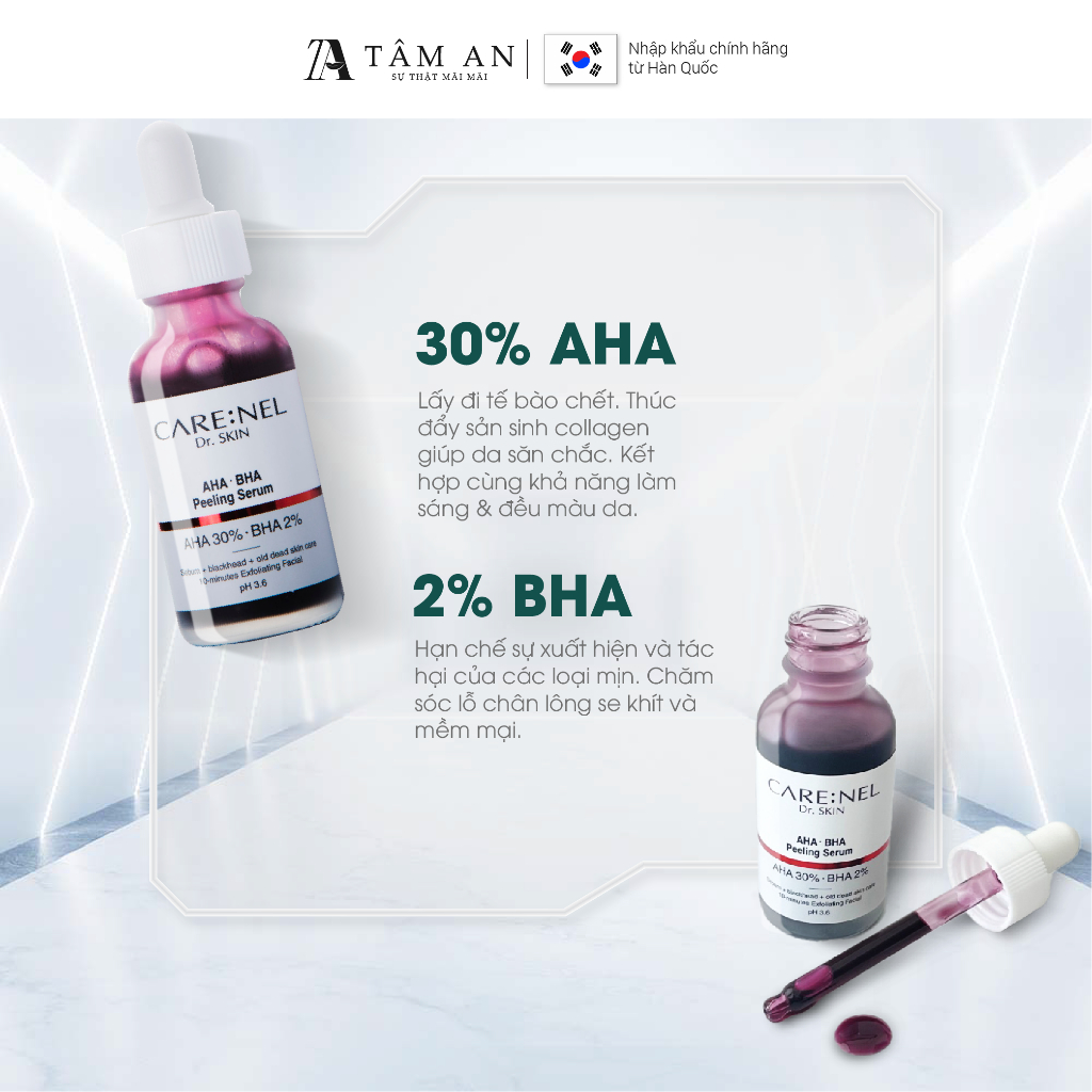 Serum tẩy tế bào chết mặt peel da aha bha giảm mụn CARE:NEL AHA BHA PEELING SERUM 30ml