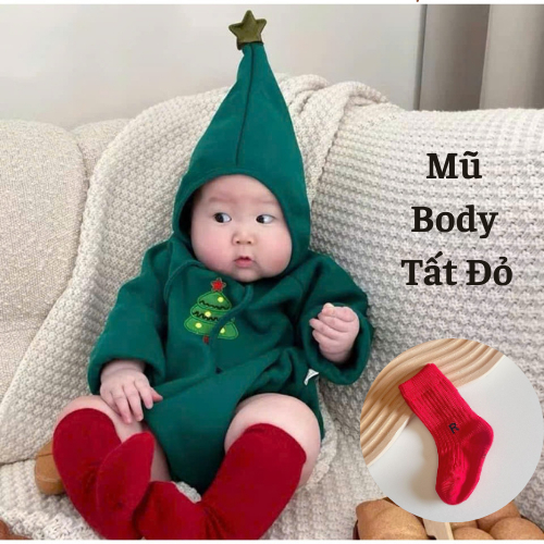 (Sẵn Ship - Tặng Tất Đỏ ) Set bodysuit Noel Kèm Mũ hàng  thu đông cho bé trai bé gái đón noel cho béchụpảnh