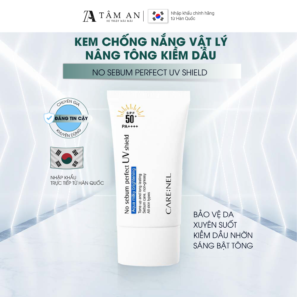 Kem chống nắng nâng tông tự nhiên kiềm dầu CARE:NEL NO SEBUM PERFECT UV SHIELD SPF50+ PA++++ 50ml