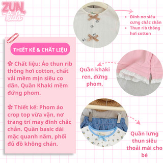Bộ Đồ Bé Gái DORI Áo Thun Hoa Đính Nơ Quần Lửng Viền Ren – Bộ Bé Gái Dễ Thương Size 2–10 Tuổi