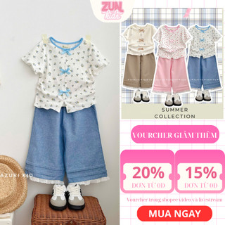 Bộ Đồ Bé Gái DORI Áo Thun Hoa Đính Nơ Quần Lửng Viền Ren – Bộ Bé Gái Dễ Thương Size 2–10 Tuổi