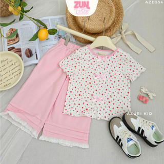 Bộ Đồ Bé Gái DORI Áo Thun Hoa Đính Nơ Quần Lửng Viền Ren – Bộ Bé Gái Dễ Thương Size 2–10 Tuổi