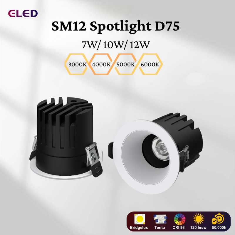 Đèn âm trần spotlight SM12 lỗ khoét D70 chip Bridgelux hoàn màu CRI≥98 ...