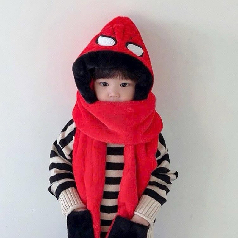 Mũ lông siêu nhân người nhện cho bé 3in1,mũ len mùa đông,mũ trùm đầu kèm khăn quàng cổ