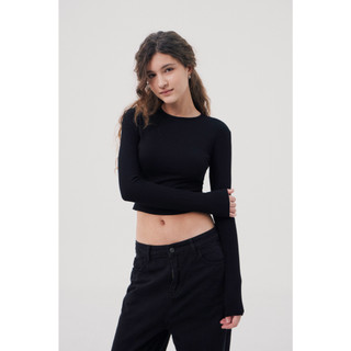 THEKIM Áo croptop dài tay cổ tròn , áo thun tăm cotton tay dài trơn basic cho nữ ôm sát body AD119 croptop