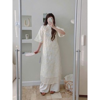 Set Áo Dài Cách Tân Tơ Thêu Hoa Dáng Suông Phối Dây Nơ Vai Tay Loe Tiểu Thư Diện Tết