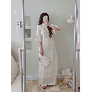 Set Áo Dài Cách Tân Tơ Thêu Hoa Dáng Suông Phối Dây Nơ Vai Tay Loe Tiểu Thư Diện Tết