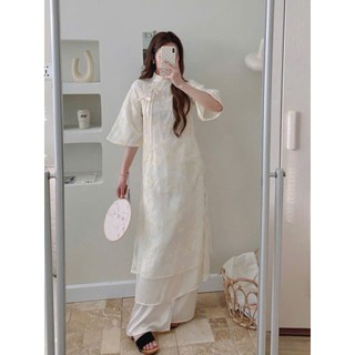 Set Áo Dài Cách Tân Tơ Thêu Hoa Dáng Suông Phối Dây Nơ Vai Tay Loe Tiểu Thư Diện Tết