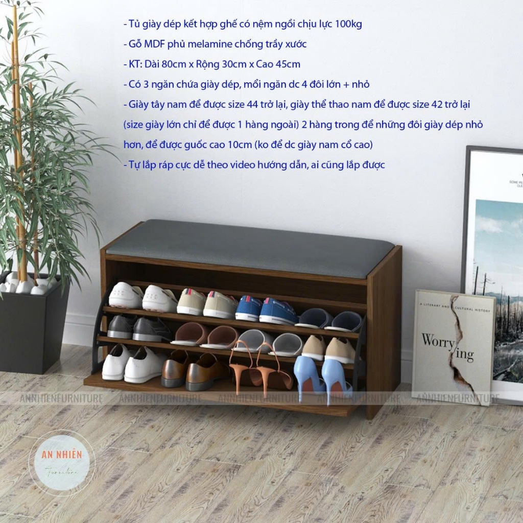 Tủ Giày Gỗ Cánh Lật Cao Cấp Kết Hợp Nệm Ghế Ngồi Mang Giày - Nội Thất An Nhiên (TG01/03)