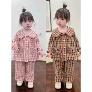 Bộ Kẻ Dài Tay Caro Phối Nơ Cổ + 2 Túi Xinh Xắn Cho Bé Gái - MS A15