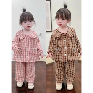 Bộ Kẻ Dài Tay Caro Phối Nơ Cổ + 2 Túi Xinh Xắn Cho Bé Gái - MS A13