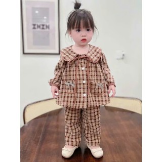 Bộ Kẻ Dài Tay Caro Phối Nơ Cổ + 2 Túi Xinh Xắn Cho Bé Gái - MS A13