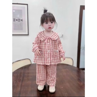 Bộ Kẻ Dài Tay Caro Phối Nơ Cổ + 2 Túi Xinh Xắn Cho Bé Gái - MS A13