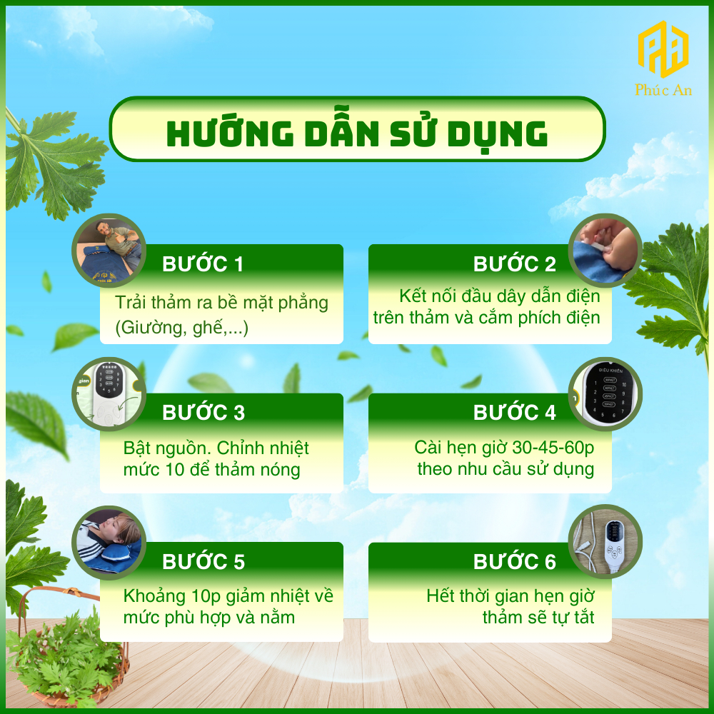 [Bảo hành 1 năm] Combo 2 Thảm điện ngải cứu Phúc An, gối điện ngải cứu, Giảm đau lưng, Hỗ trợ mất ngủ