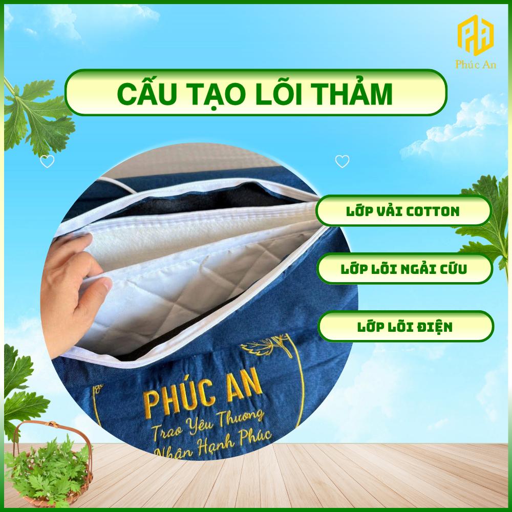 [Bảo hành 1 năm] Combo 3 Thảm điện ngải cứu Phúc An kèm gối điện, thêu logo chính hãng, lỗi 1 đổi 1