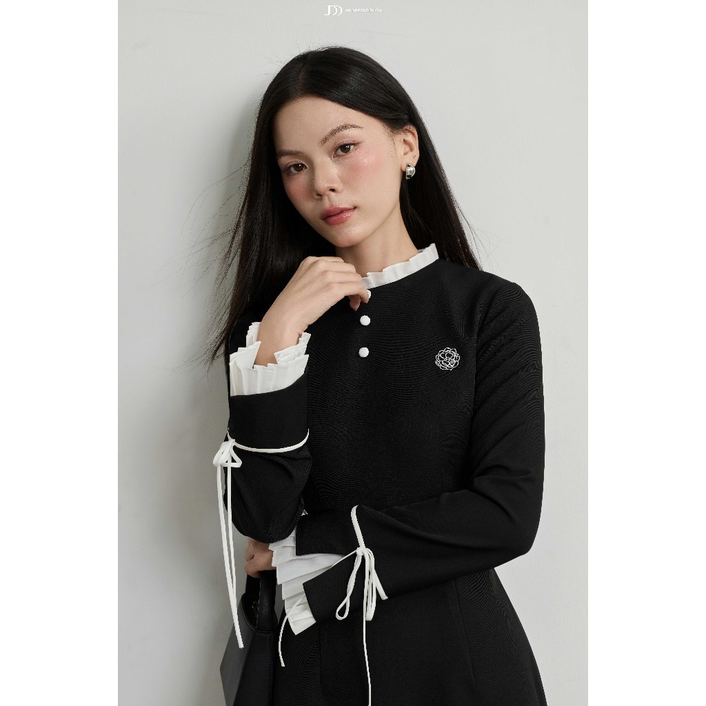 Đầm Thu Đông Phối Lá Cổ, Tay Phối Xếp Ly 1F43.2511, Đầm Dáng Ngắn Cổ Bèo Phong Cách Thanh Lịch Kiểu Pháp Design By JM
