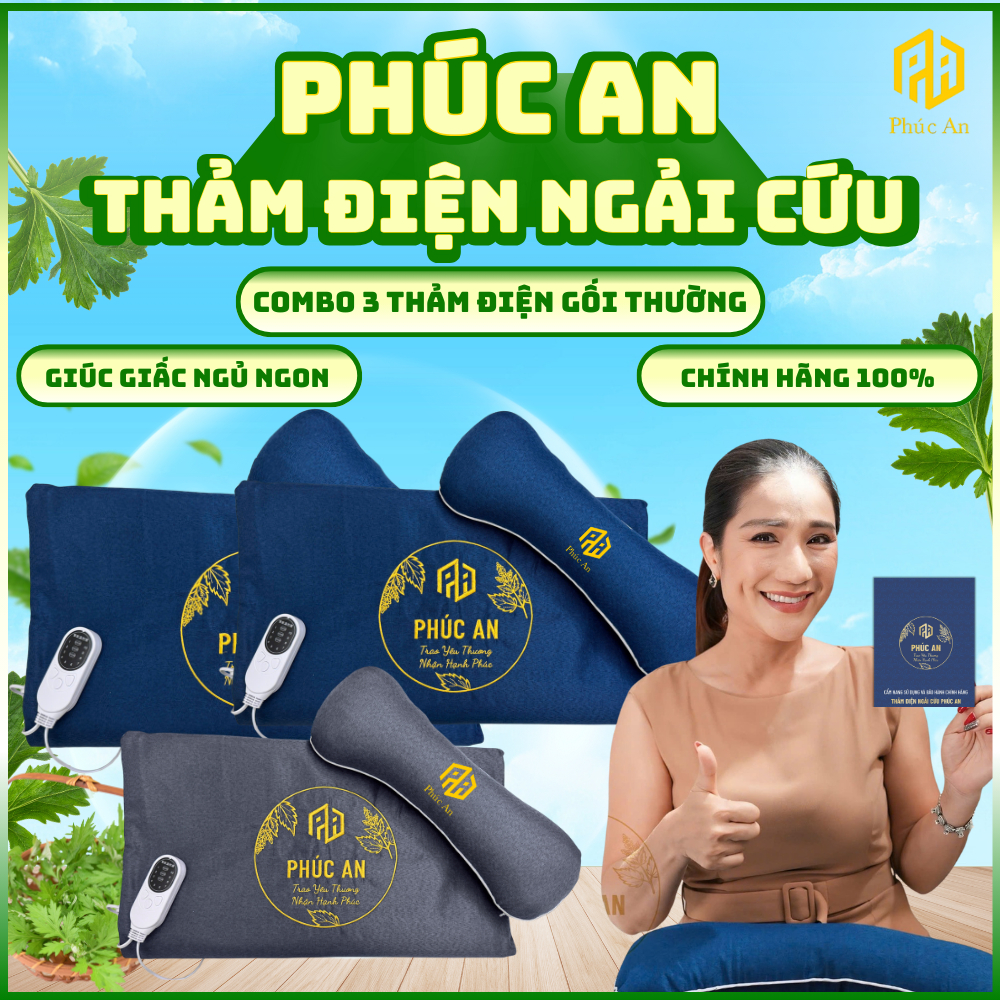 [Bảo hành 1 năm] Combo 3 Thảm điện ngải cứu Phúc An kèm gối thường, thêu logo chính hãng, lỗi 1 đổi 1