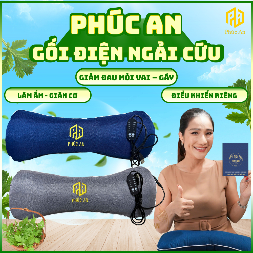 [Bảo hành 1 năm] Gối điện ngải cứu Phúc An, thiết kế dạng công thái học, giúp giấc ngủ sâu, giãn cơ vùng cổ vai gáy