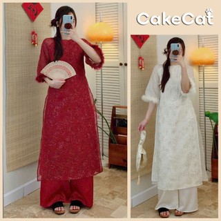 Set Áo Dài Cách Tân Gấm Tơ Thêu Kim Tuyến Hoa Hồng Phối Lông Vũ Tay Loe Sang Chảnh Diện Tết Cakecat