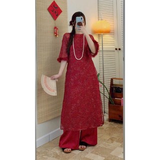 Set Áo Dài Cách Tân Gấm Tơ Thêu Kim Tuyến Hoa Hồng Phối Lông Vũ Tay Loe Sang Chảnh Diện Tết Cakecat