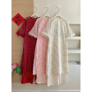 Set Áo Dài Cách Tân Gấm Tơ Thêu Kim Tuyến Hoa Hồng Phối Lông Vũ Tay Loe Sang Chảnh Diện Tết Cakecat