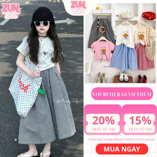 Set bộ đồ bé gái phong cách tiểu thư M5282 – Áo thun cotton in hình họa tiết phối nơ ren + quần kẻ ống suông cotton mềm