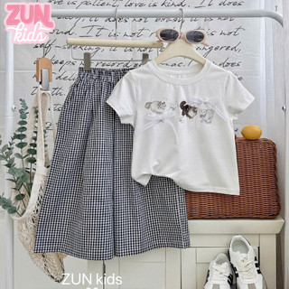 Set bộ đồ bé gái phong cách tiểu thư M5282 – Áo thun cotton in hình họa tiết phối nơ ren + quần kẻ ống suông cotton mềm