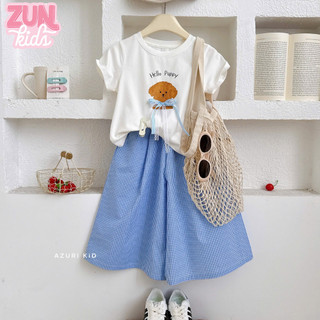 Set bộ đồ bé gái phong cách tiểu thư M5282 – Áo thun cotton in hình họa tiết phối nơ ren + quần kẻ ống suông cotton mềm