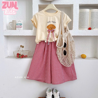 Set bộ đồ bé gái phong cách tiểu thư M5282 – Áo thun cotton in hình họa tiết phối nơ ren + quần kẻ ống suông cotton mềm