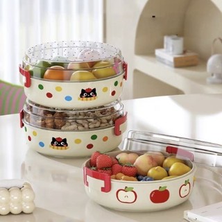 Khay Đựng Hoa Quả Decor Họa Tiết Mèo/Táo - Hộp Bảo Quản Thực Phẩm 2 Tầng Ráo Nước Tiện Lợi