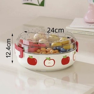 Khay Đựng Hoa Quả Decor Họa Tiết Mèo/Táo - Hộp Bảo Quản Thực Phẩm 2 Tầng Ráo Nước Tiện Lợi