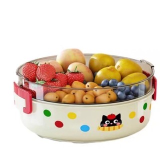 Khay Đựng Hoa Quả Decor Họa Tiết Mèo/Táo - Hộp Bảo Quản Thực Phẩm 2 Tầng Ráo Nước Tiện Lợi
