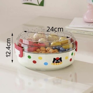 Khay Đựng Hoa Quả Decor Họa Tiết Mèo/Táo - Hộp Bảo Quản Thực Phẩm 2 Tầng Ráo Nước Tiện Lợi