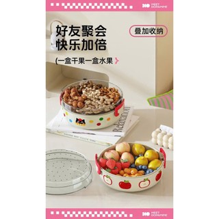 Khay Đựng Hoa Quả Decor Họa Tiết Mèo/Táo - Hộp Bảo Quản Thực Phẩm 2 Tầng Ráo Nước Tiện Lợi
