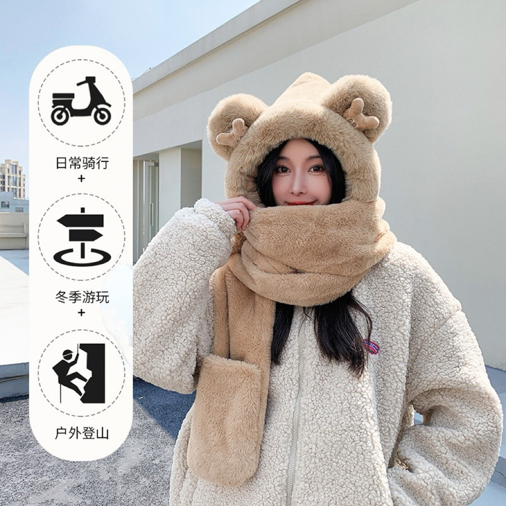 Mũ lông vũ trùm đầu khăn quấn đút tay trơn tai nơ gấu thêu , phụ kiện thời trang hàn quốc