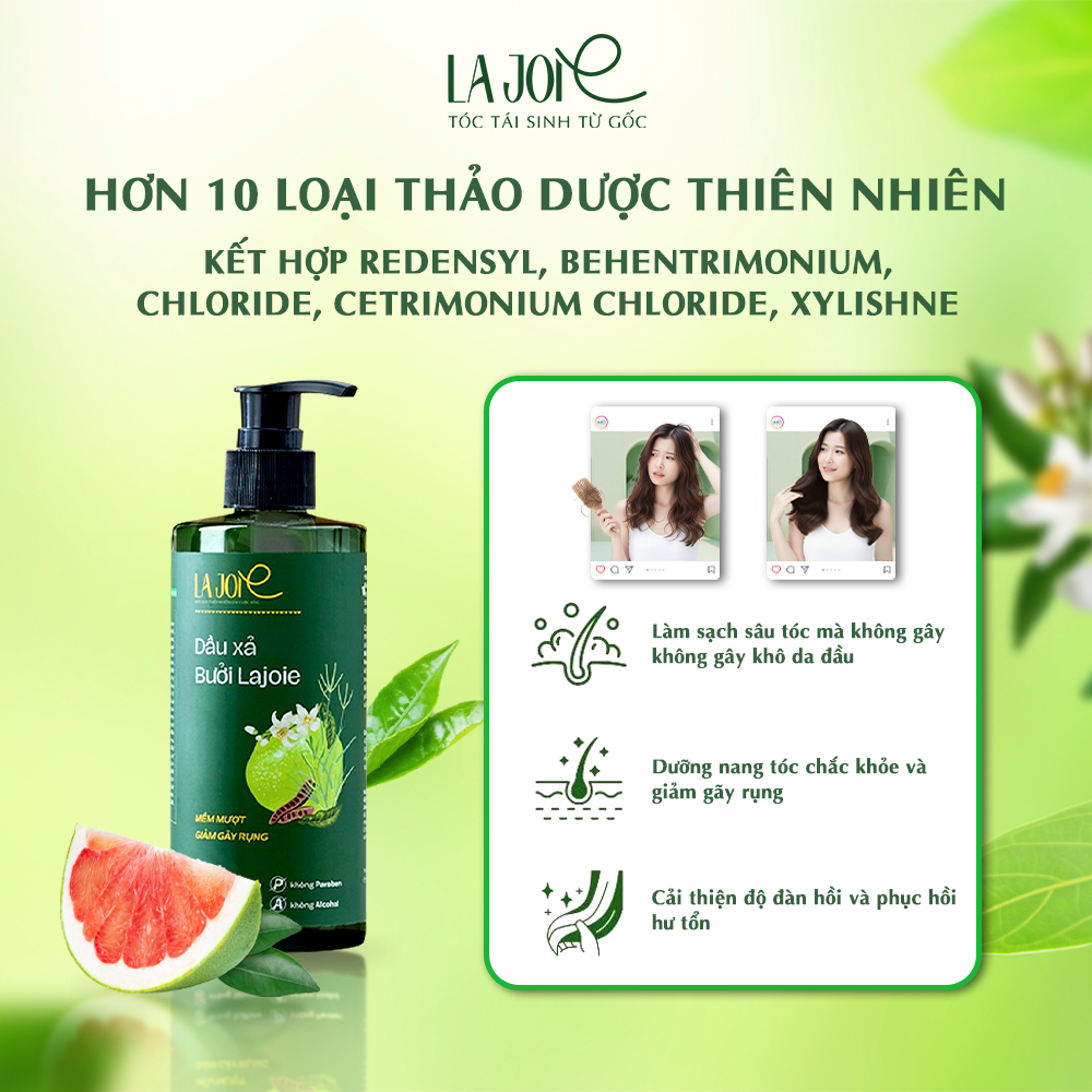 Combo Dầu Gội Xả Bưởi La Joie Phục Hồi Hư Tổn Giảm Gãy Rụng Dưỡng Tóc Mềm Mượt Chắc Khỏe 300ml