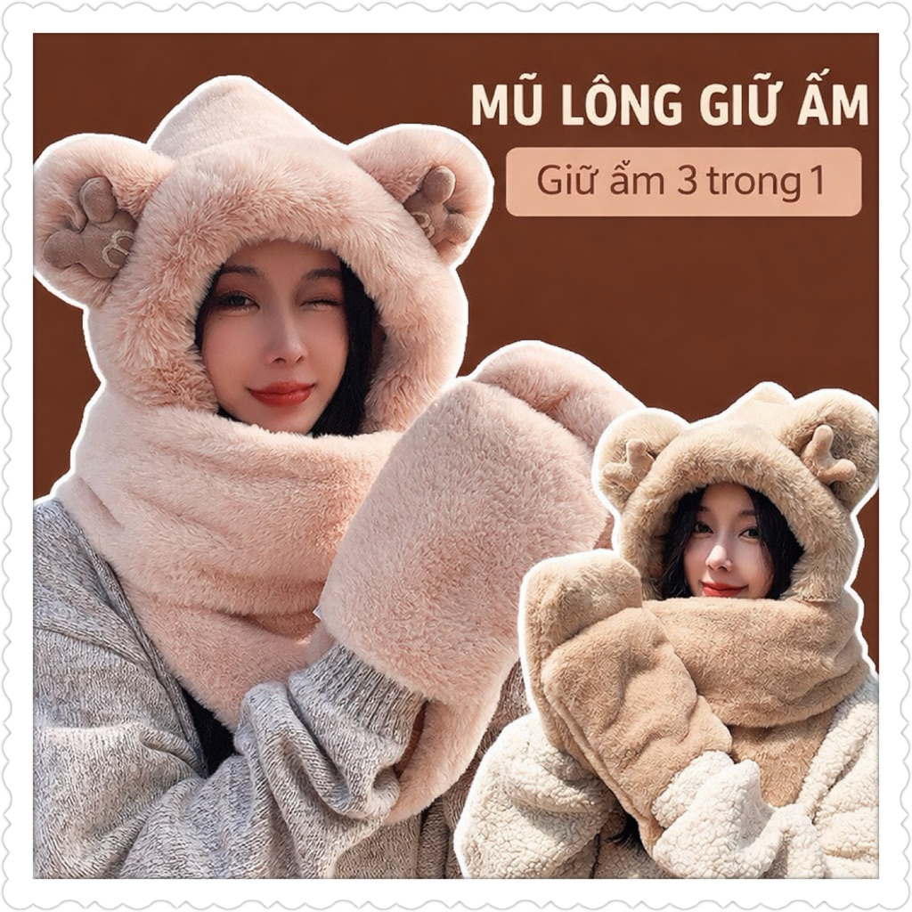 Mũ lông vũ trùm đầu khăn quấn đút tay trơn tai nơ gấu thêu , phụ kiện thời trang hàn quốc