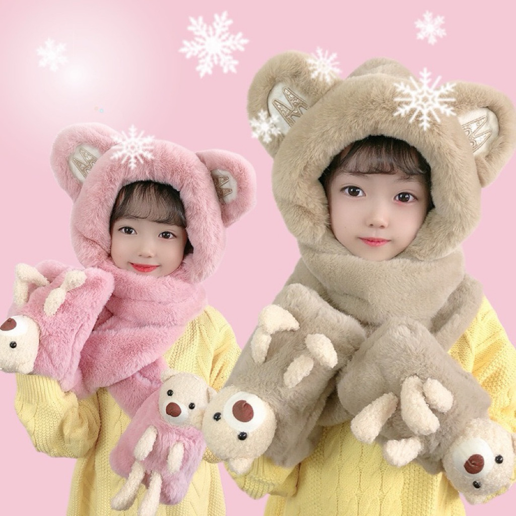 Mũ trẻ em 3in1 trùm đầu cuốn cổ đút tay gắn gấu dễ thương cho bé 3-8 tuổi