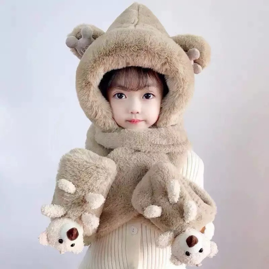 Mũ trẻ em 3in1 trùm đầu cuốn cổ đút tay gắn gấu dễ thương cho bé 3-8 tuổi