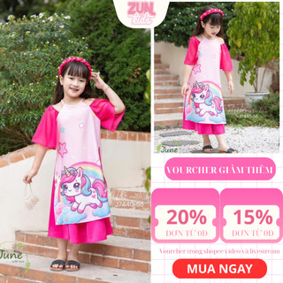 Set bộ áo dài ( Áo + quần dài ,ko kèm cài tóc)  Bé Gái Cổ Yếm Tay Phồng J7440 – Họa Tiết Unicorn Cầu Vồng, Đũi Lụa