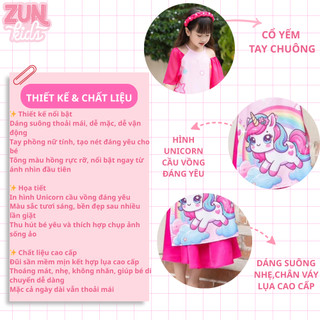 Set bộ áo dài ( Áo + quần dài ,ko kèm cài tóc)  Bé Gái Cổ Yếm Tay Phồng J7440 – Họa Tiết Unicorn Cầu Vồng, Đũi Lụa