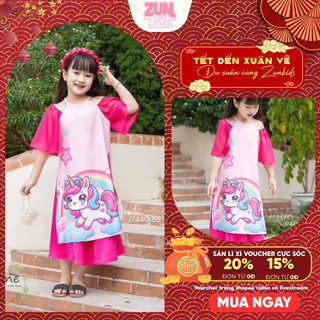 Set bộ áo dài ( Áo + quần dài ,ko kèm cài tóc)  Bé Gái Cổ Yếm Tay Phồng J7440 – Họa Tiết Unicorn Cầu Vồng, Đũi Lụa
