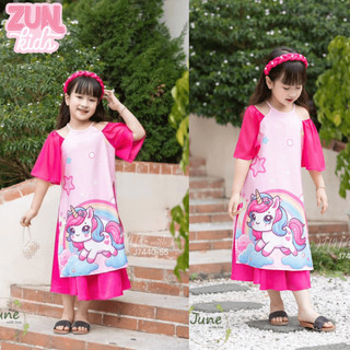 Set bộ áo dài ( Áo + quần dài ,ko kèm cài tóc)  Bé Gái Cổ Yếm Tay Phồng J7440 – Họa Tiết Unicorn Cầu Vồng, Đũi Lụa