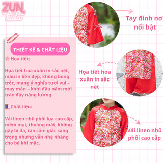 Áo Dài Bé Gái Hoa Xuân Đỏ Tươi Linen Nhũ Phối Lụa J2810 – Áo Dài Truyền Thống Cao Cấp Cho Bé