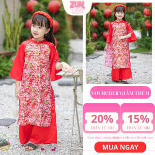 Áo Dài Bé Gái Hoa Xuân Đỏ Tươi Linen Nhũ Phối Lụa J2810 – Áo Dài Truyền Thống Cao Cấp Cho Bé