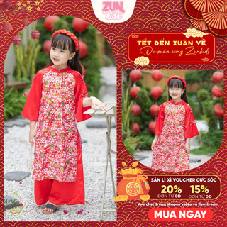 Áo Dài Bé Gái Hoa Xuân Đỏ Tươi Linen Nhũ Phối Lụa J2810 – Áo Dài Truyền Thống Cao Cấp Cho Bé