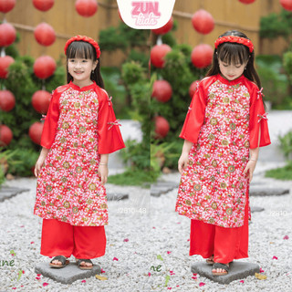 Áo Dài Bé Gái Hoa Xuân Đỏ Tươi Linen Nhũ Phối Lụa J2810 – Áo Dài Truyền Thống Cao Cấp Cho Bé