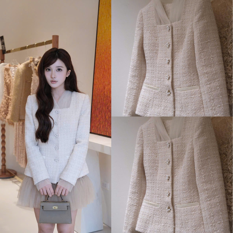 NH CLOTHER -Áo Khoác Dạ Tweed Dáng Ngắn Cổ Vuông Dài Tay Màu Trắng Kem Lấp Lánh Phối Khuy Ngọc Trai