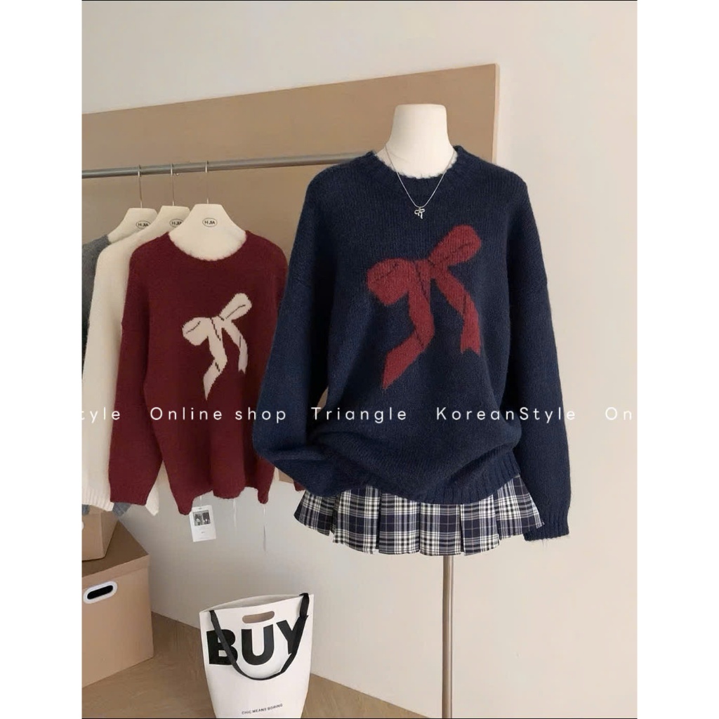 TRIANGLE - (form to) Ribbon Sweater (Cân nhắc kỹ, return is not welcomed)- Áo len họa tiết nơ dáng rộng Hàn Quốc