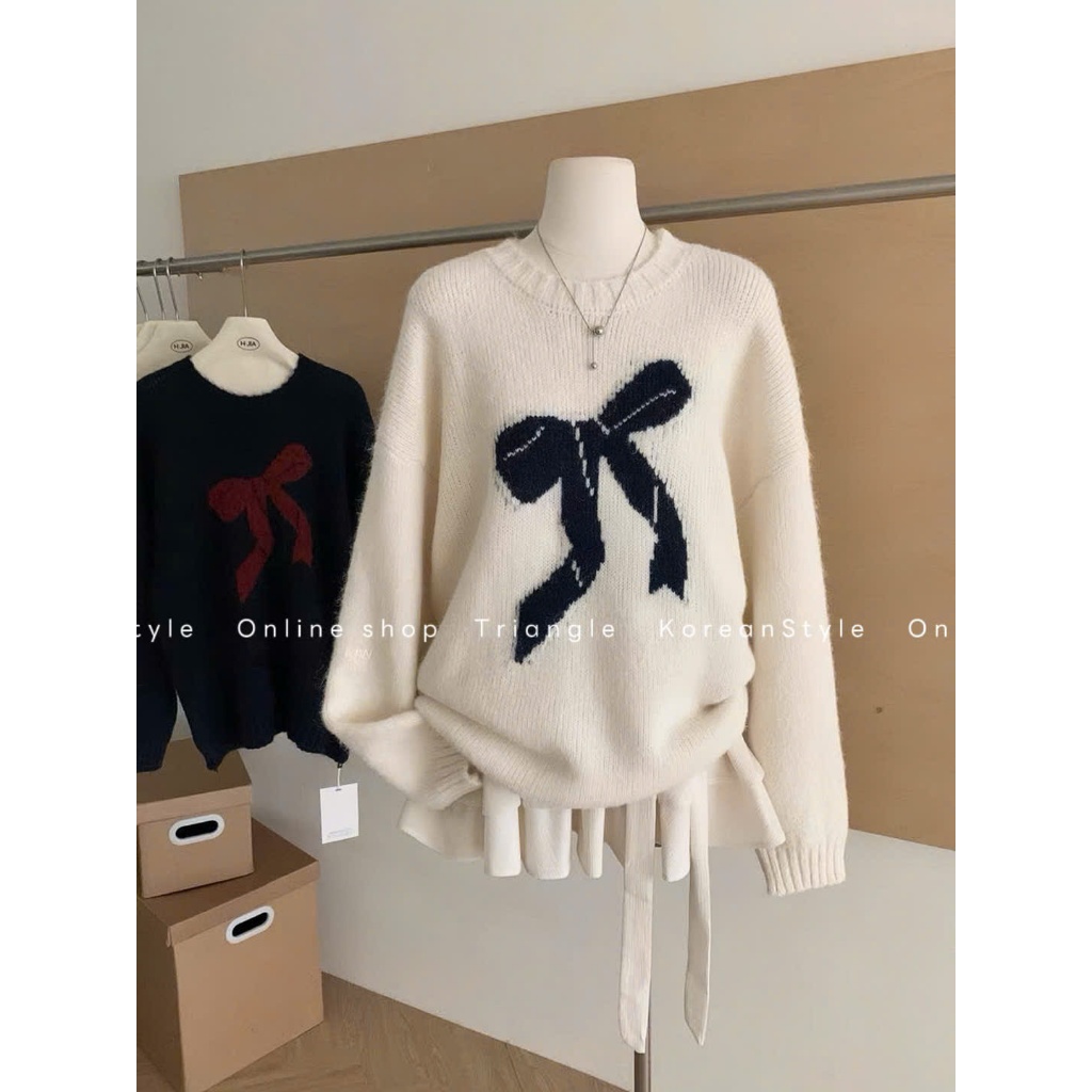 TRIANGLE - (form to) Ribbon Sweater (Cân nhắc kỹ, return is not welcomed)- Áo len họa tiết nơ dáng rộng Hàn Quốc